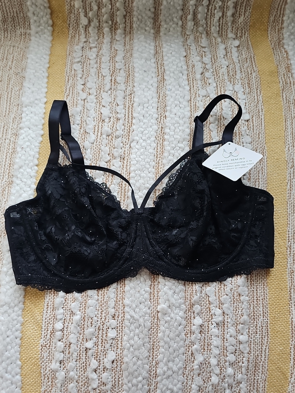 Black Lace Unlined Underwire Bra with Mini Sequins